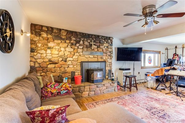 Fireplace, Interior, Living room, Stone Walls, Wood Texture Flooring
