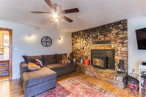 Fireplace, Interior, Living room, Stone Walls, Wood Texture Flooring