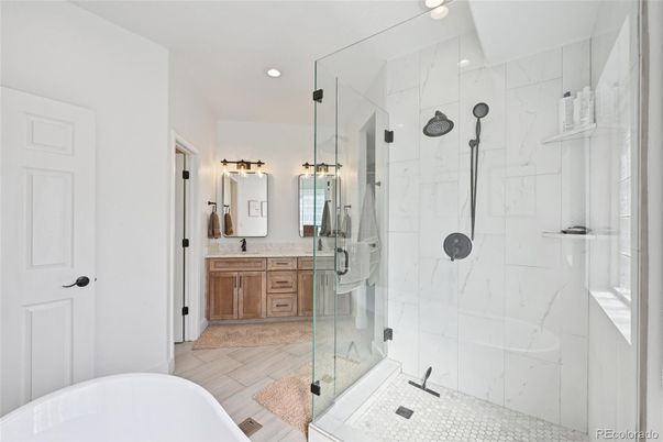 Bathroom, Glass Shower, Interior, Marble Walls, Recessed Lighting
