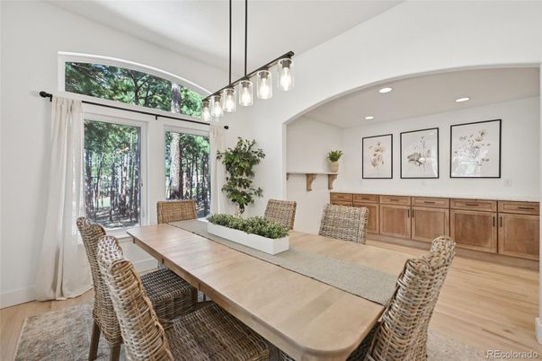 Dining room, Interior, Pendant Lights, Recessed Lighting, Wood Texture Flooring