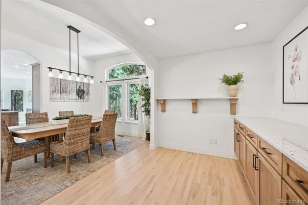 Dining room, Interior, Pendant Lights, Recessed Lighting, Wood Texture Flooring
