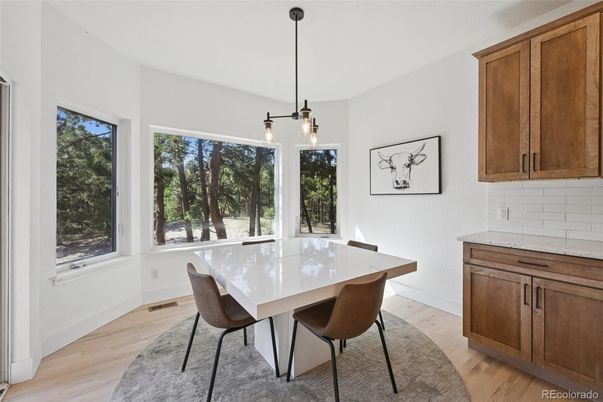 Dining room, Interior, Pendant Lights, Wood Texture Flooring