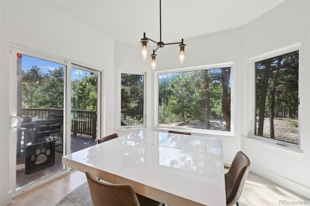 Dining room, Interior, Pendant Lights, Wood Texture Flooring