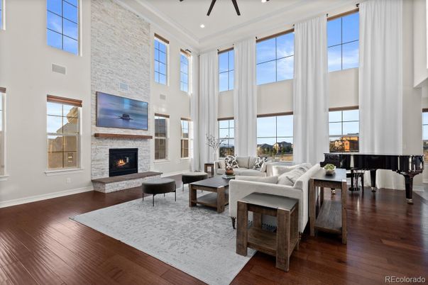 Fireplace, Interior, Living room, Piano, Recessed Lighting, Wood Texture Flooring