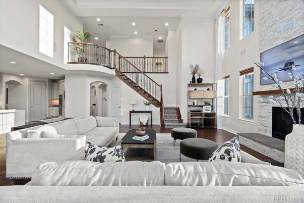 Fireplace, Interior, Living room, Recessed Lighting, Wood Texture Flooring