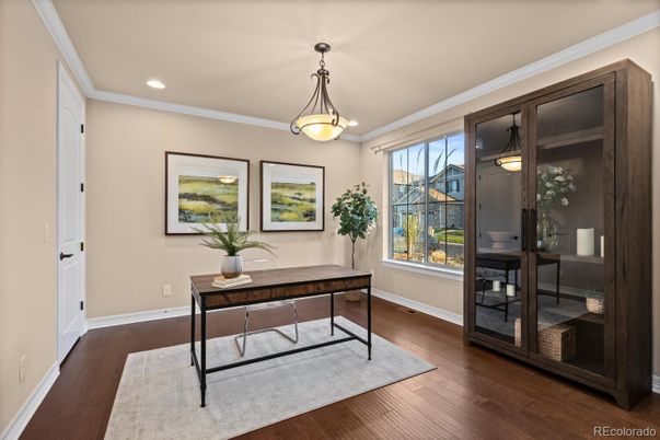 Home Office, Interior, Pendant Lights, Recessed Lighting, Wood Texture Flooring
