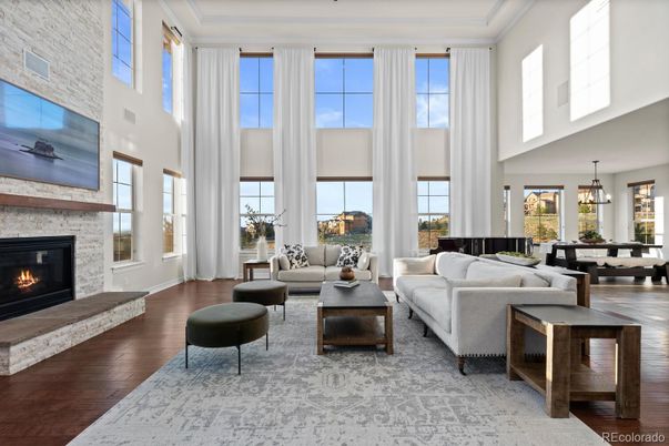 Dining room, Fireplace, Interior, Living room, Pendant Lights, Wood Texture Flooring