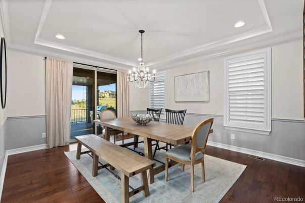 Chandelier, Dining room, Interior, Recessed Lighting, Wood Texture Flooring