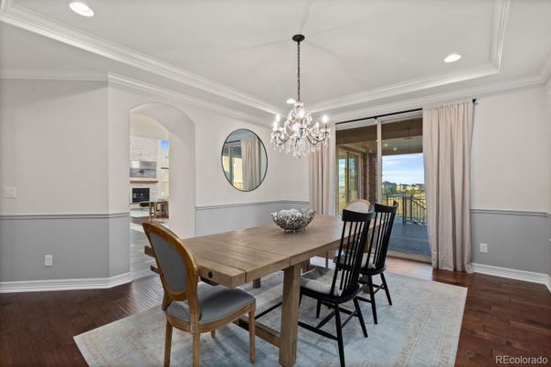 Chandelier, Dining room, Interior, Recessed Lighting, Wood Texture Flooring