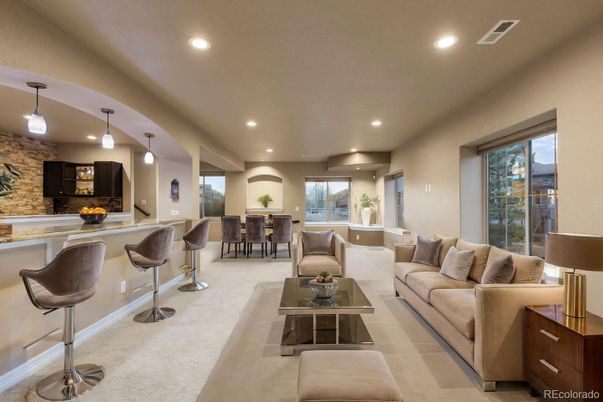 Dining room, Interior, Living room, Pendant Lights, Recessed Lighting, Stone Walls