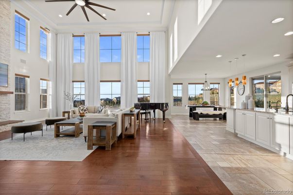 Interior, Kitchen, Living room, Pendant Lights, Piano, Recessed Lighting, Wood Texture Flooring