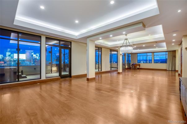 Chandelier, Empty room, Interior, Pendant Lights, Recessed Lighting, Wood Texture Flooring