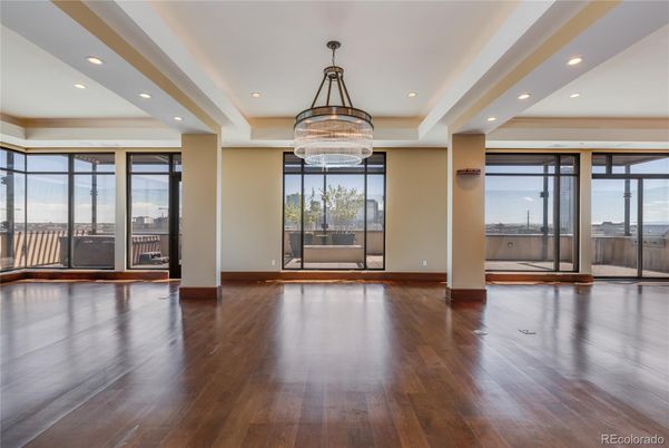 Chandelier, Empty room, Interior, Recessed Lighting, Wood Texture Flooring