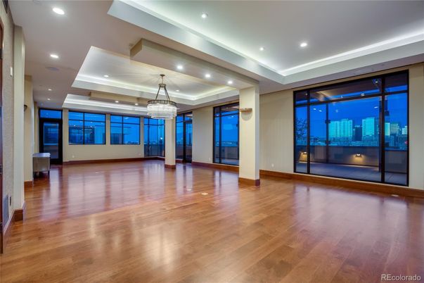 Empty room, Interior, Pendant Lights, Recessed Lighting, Wood Texture Flooring