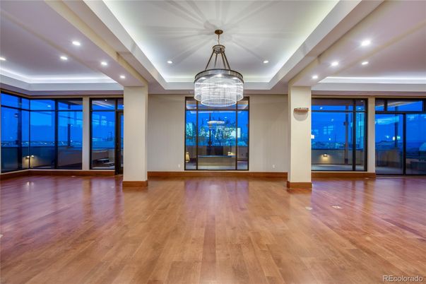 Chandelier, Empty room, Interior, Recessed Lighting, Wood Texture Flooring