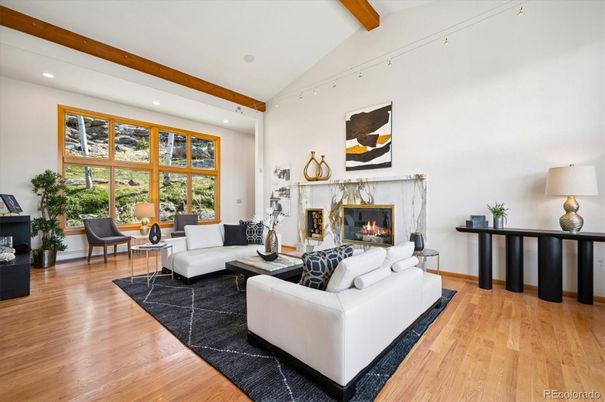 Fireplace, Interior, Living room, Recessed Lighting, Wooden Beams, Wood Texture Flooring