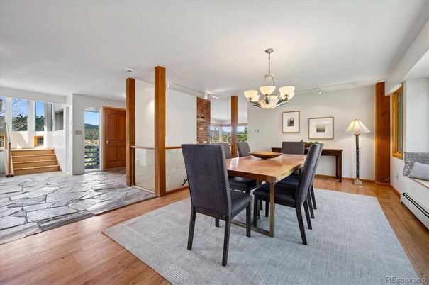 Chandelier, Dining room, Interior, Recessed Lighting, Wood Texture Flooring