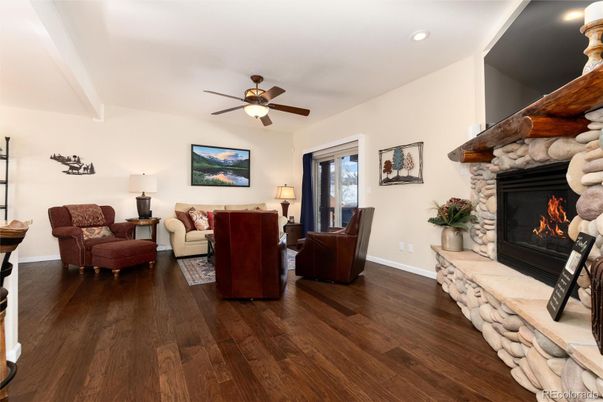 Fireplace, Interior, Living room, Recessed Lighting, Wood Texture Flooring