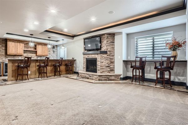 Fireplace, Interior, Pendant Lights, Recessed Lighting, Stone Walls