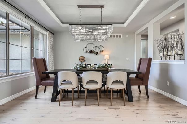 Chandelier, Dining room, Interior, Wood Texture Flooring