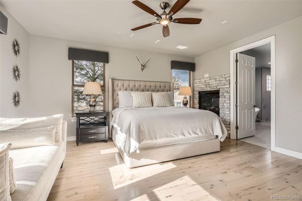 Bedroom, Fireplace, Interior, Wood Texture Flooring