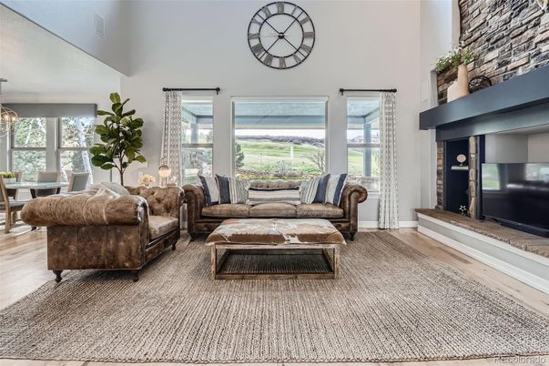 Dining room, Fireplace, Interior, Living room, Pendant Lights, Stone Walls, Wood Texture Flooring