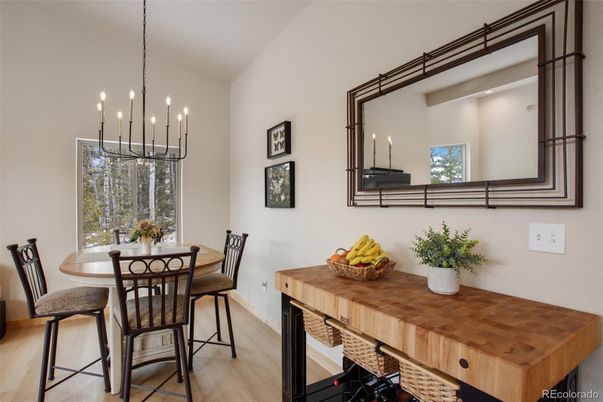 Dining room, Interior, Pendant Lights, Wood Texture Flooring