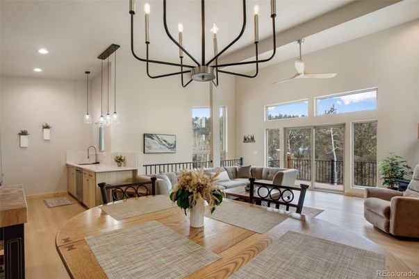 Chandelier, Dining room, Interior, Living room, Pendant Lights, Recessed Lighting, Wood Texture Flooring