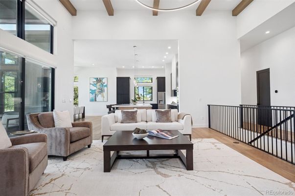 Dining room, Interior, Living room, Pendant Lights, Recessed Lighting, Wooden Beams, Wood Texture Flooring
