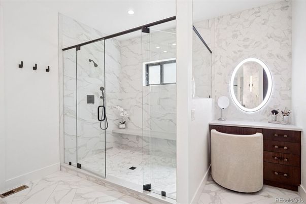 Bathroom, Glass Shower, Interior, Marble, Marble Walls, Recessed Lighting