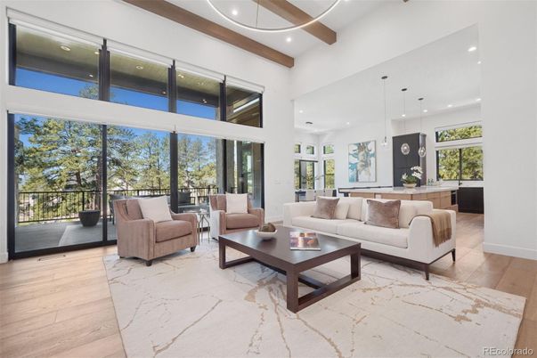 Interior, Living room, Pendant Lights, Recessed Lighting, Wooden Beams, Wood Texture Flooring