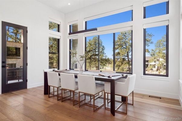 Dining room, Interior, Pendant Lights, Recessed Lighting, Wood Texture Flooring