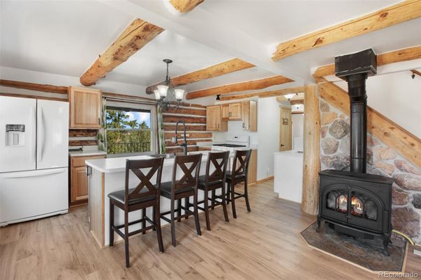 Fireplace, Interior, Kitchen, Pendant Lights, Wooden Beams, Wood Texture Flooring