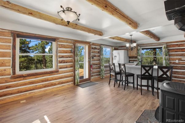 Chandelier, Dining room, Interior, Wooden Beams, Wood Texture Flooring, Wooden Walls