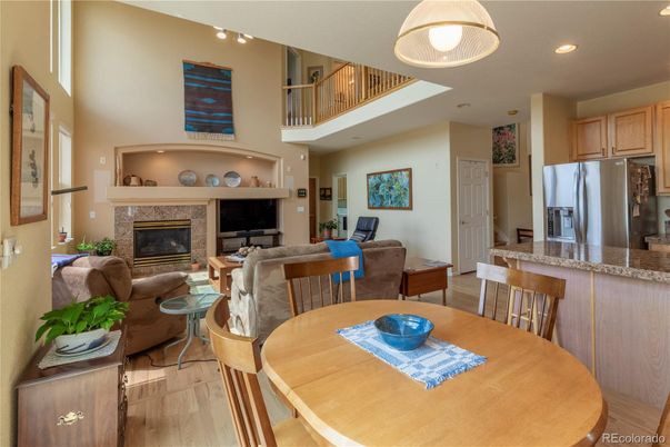 Dining room, Fireplace, Interior, Kitchen, Living room, Recessed Lighting, Wood Texture Flooring