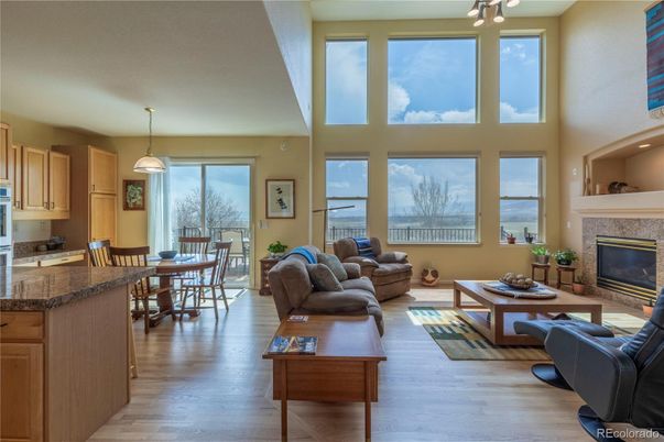Dining room, Fireplace, Interior, Living room, Pendant Lights, Wood Texture Flooring