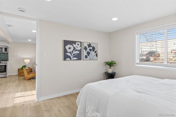 Bedroom, Interior, Recessed Lighting, Wood Texture Flooring