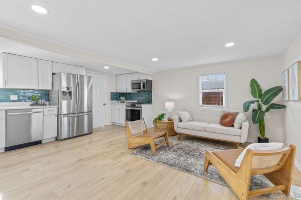 Interior, Kitchen, Living room, Recessed Lighting, Stainless Steel Appliances, Wood Texture Flooring