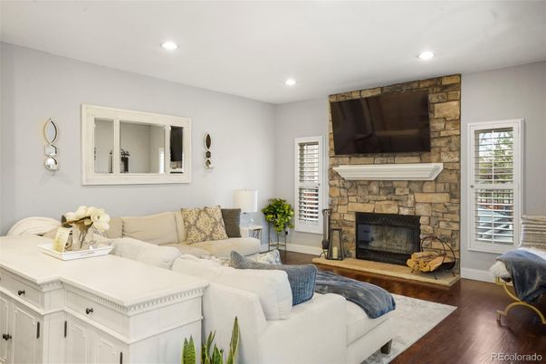 Fireplace, Interior, Living room, Recessed Lighting, Wood Texture Flooring