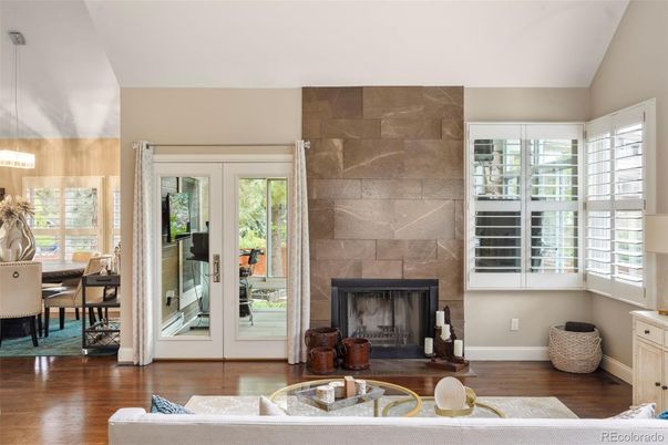 Dining room, Fireplace, Interior, Stone Walls, Wood Texture Flooring