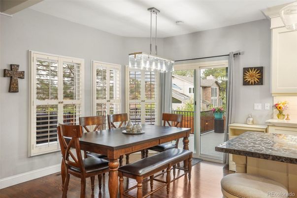 Dining room, Interior, Pendant Lights, Wood Texture Flooring
