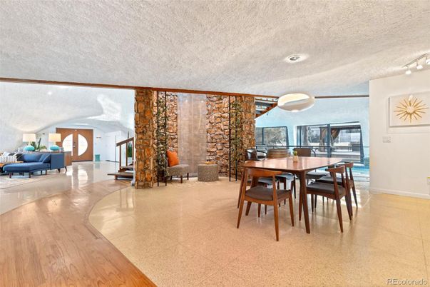Dining room, Interior, Pendant Lights, Recessed Lighting, Wood Texture Flooring