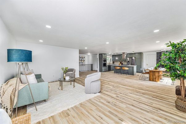 Interior, Kitchen, Living room, Recessed Lighting, Stainless Steel Appliances, Wood Texture Flooring