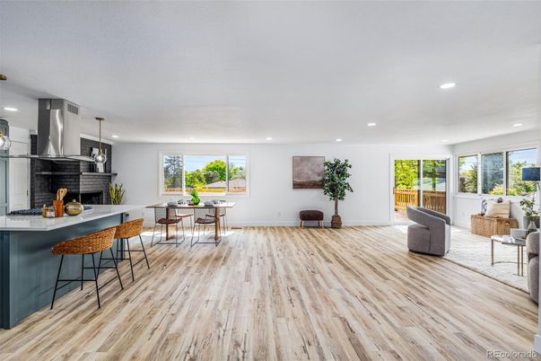 Dining room, Fireplace, Interior, Kitchen, Pendant Lights, Recessed Lighting, Wood Texture Flooring