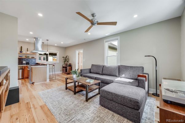 Interior, Kitchen, Living room, Recessed Lighting, Wood Texture Flooring