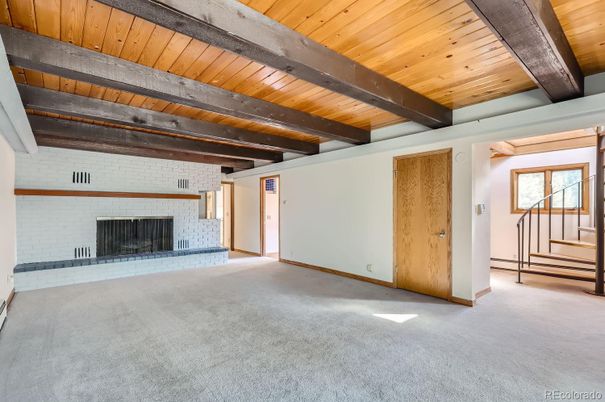 Empty room, Fireplace, Interior, Wooden Beams, Wooden Ceilings