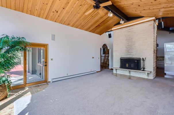 Empty room, Fireplace, Interior, Stone Walls, Wooden Ceilings