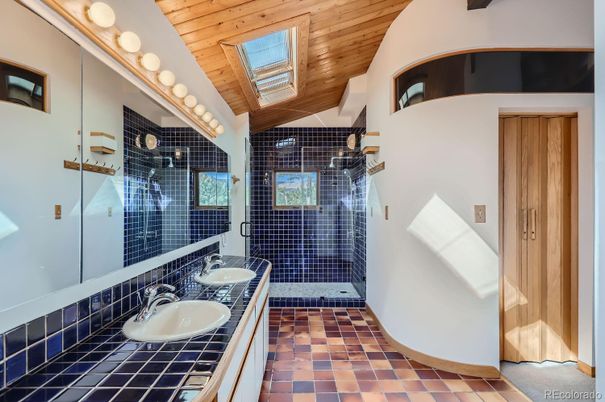 Bathroom, Dual Sink Vanities, Interior, Tile Countertops, Wooden Ceilings