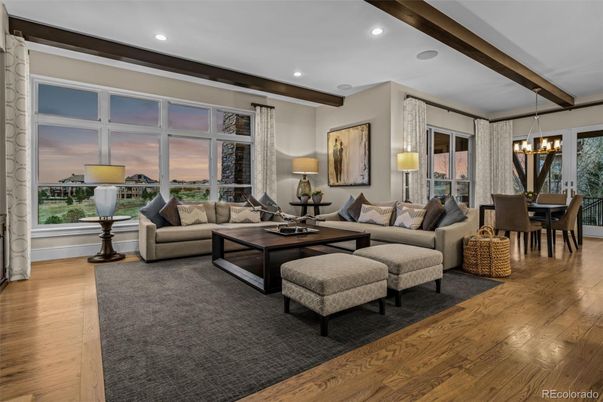 Chandelier, Dining room, Interior, Living room, Recessed Lighting, Wooden Beams, Wood Texture Flooring