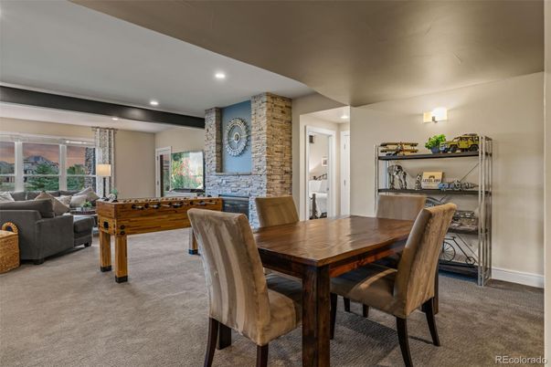 Dining room, Game Room, Interior, Living room, Recessed Lighting, Stone Walls